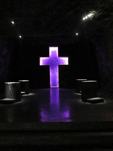 A Cross Lit By Purple LED Lights at the Salt Church of Zipaquirá