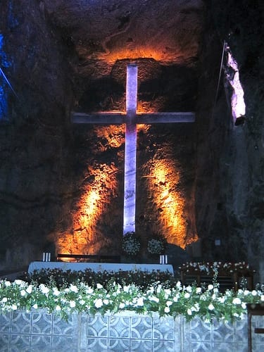 A Cross Light Up by LED Lights in the Salt Church of Zipaquirá
