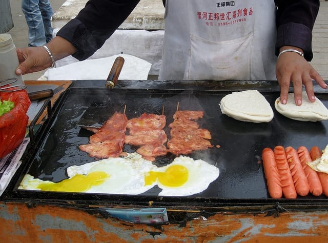Bacon and Eggs in China from a Street Stall - Want to Eat Well on a Small Budget? Look for street food!