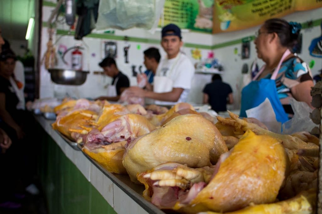 Raw chicken at the market in Cancun