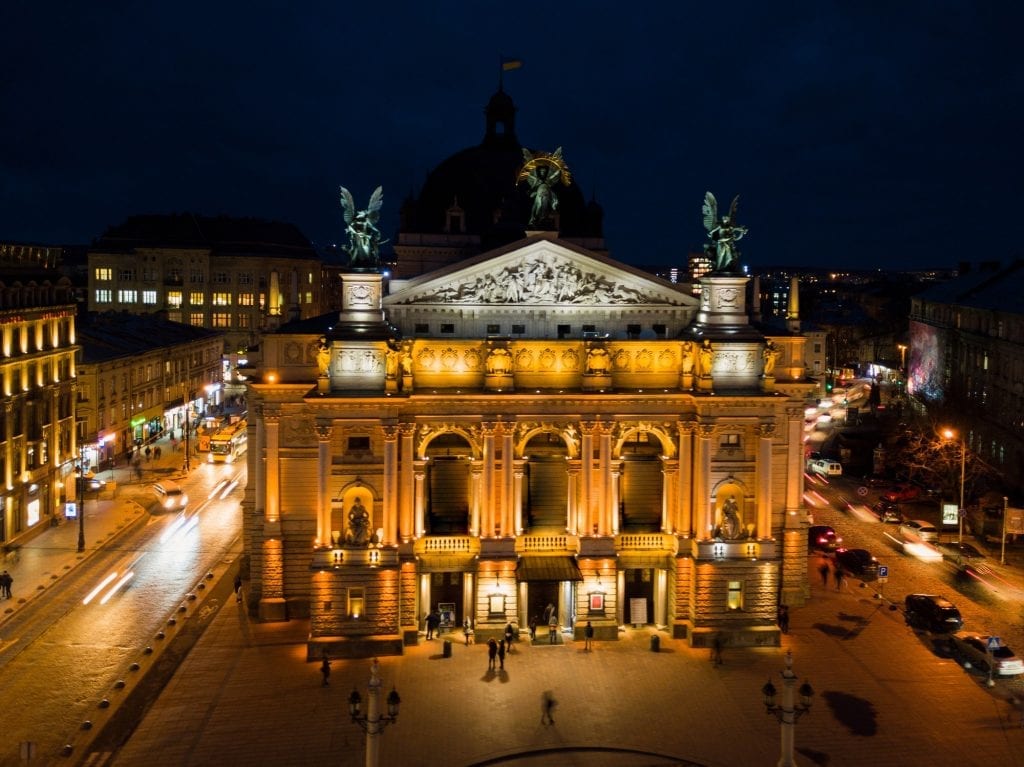 Lviv Opera House at night, Ukraine